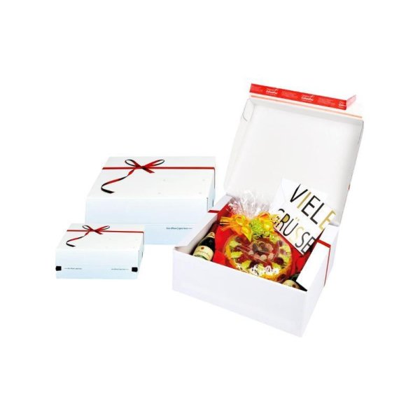 Geschenkkarton Aufreißperforation rot-weiß mit Schleife 241 x 166 x 94 mm
