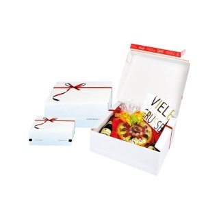 Geschenkkarton Aufreißperforation rot-weiß mit Schleife 363 x 278 x 125 mm